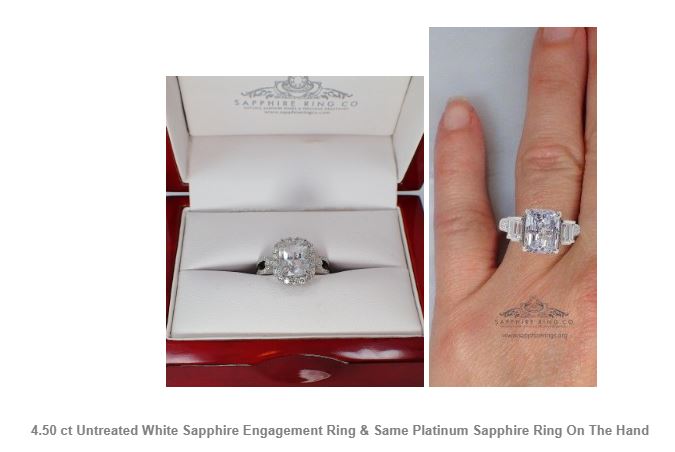 4.50 ct Untreated White Sapphire Engagement Ring & Same Platinum Sapphire Ring On The Hand