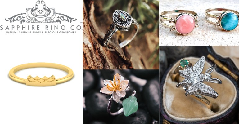 collection of nature-inspired engagement rings featuring floral and leaf designs in various gemstones.
